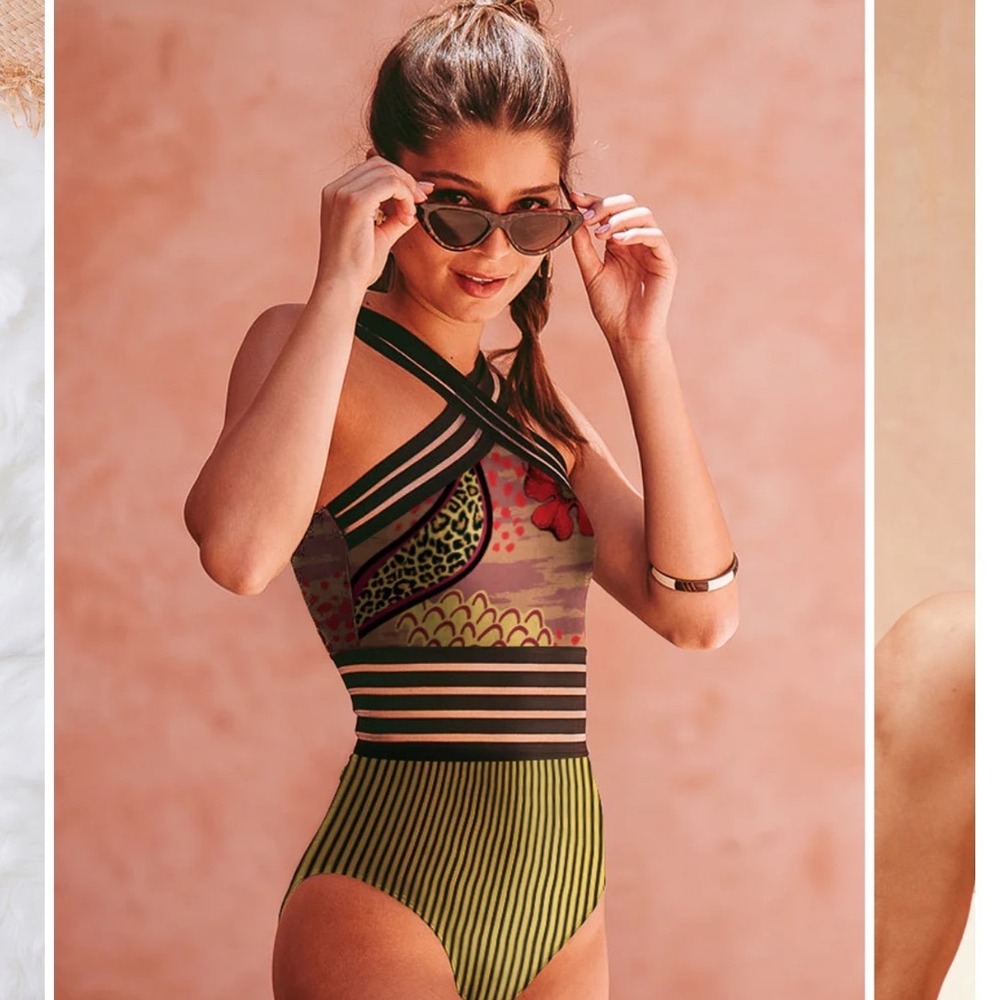 Narelle Averie Mixed 1 pc Print Mesh Swimsuit Floral Leopard Stripe High Neck m